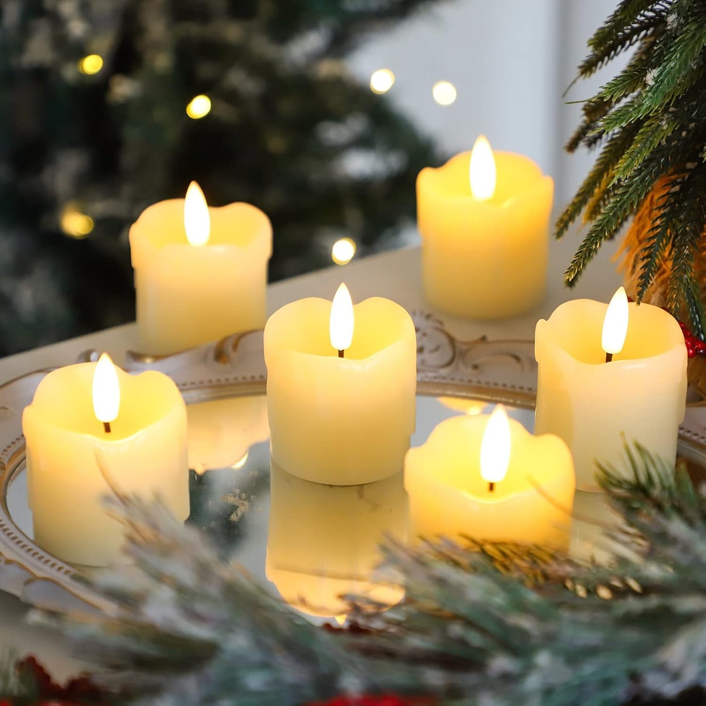 Lezonic Flameless Votive Candles Battery Operated with Remote and Timer, Pack of 6 (D:2" X H:3") LED Ivory White Long Lasting Flickering Wax Candles with Realistic 3D Flame