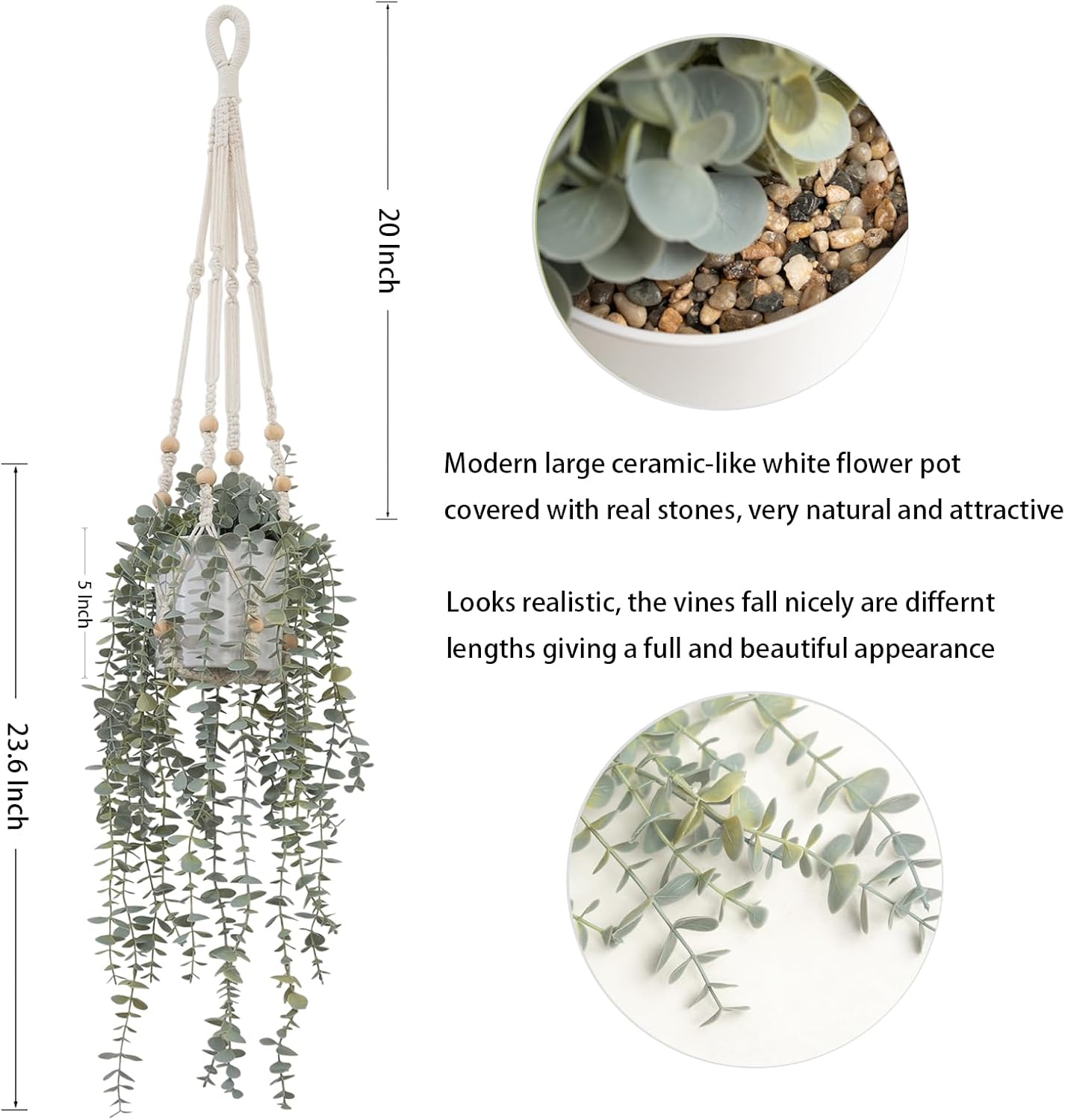 Decorative Hanging Plants for Shelf, Faux Ivy Eucalyptus Vine, Fake Greenery in White Bigger Pot (Light Green, 1PCS)