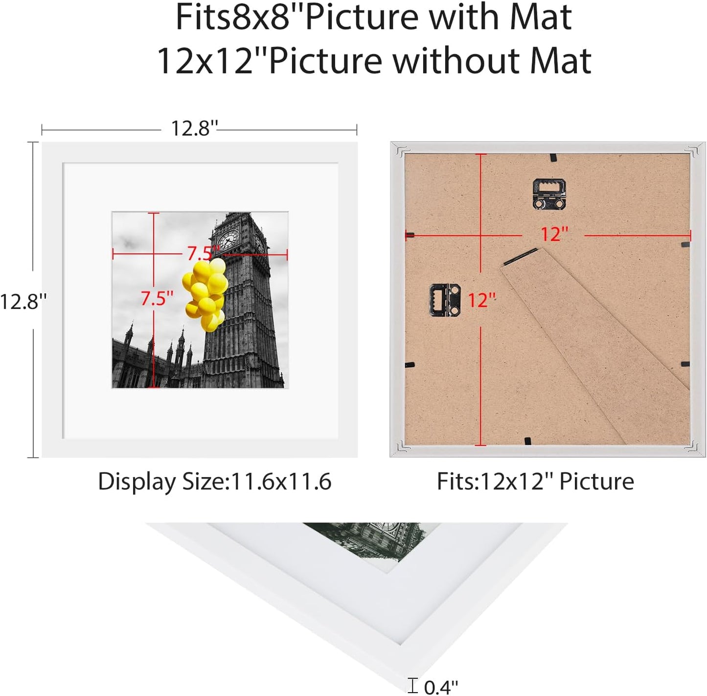 12x12 Picture Frame Set of 9, Display Pictures 8x8 with Mat or 12x12 without Mat, Multi Collage Gallery Square Photo Frames for Wall or Tabletop, Black