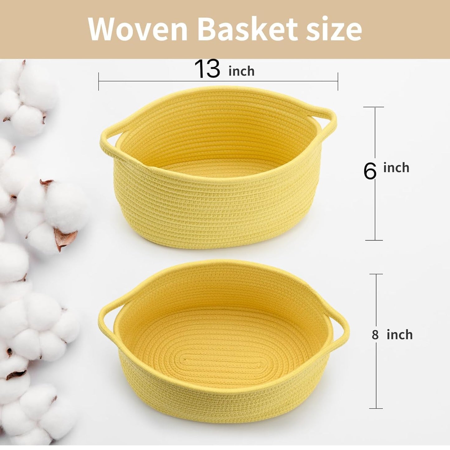 Happyiren Medium Woven Cotton Rope Basket with Handle Empty Decorative Gift Basket for Baby Shower, Graduation, Mother's Day, Nursery Storage 13" Dia x 8" W x 6" H