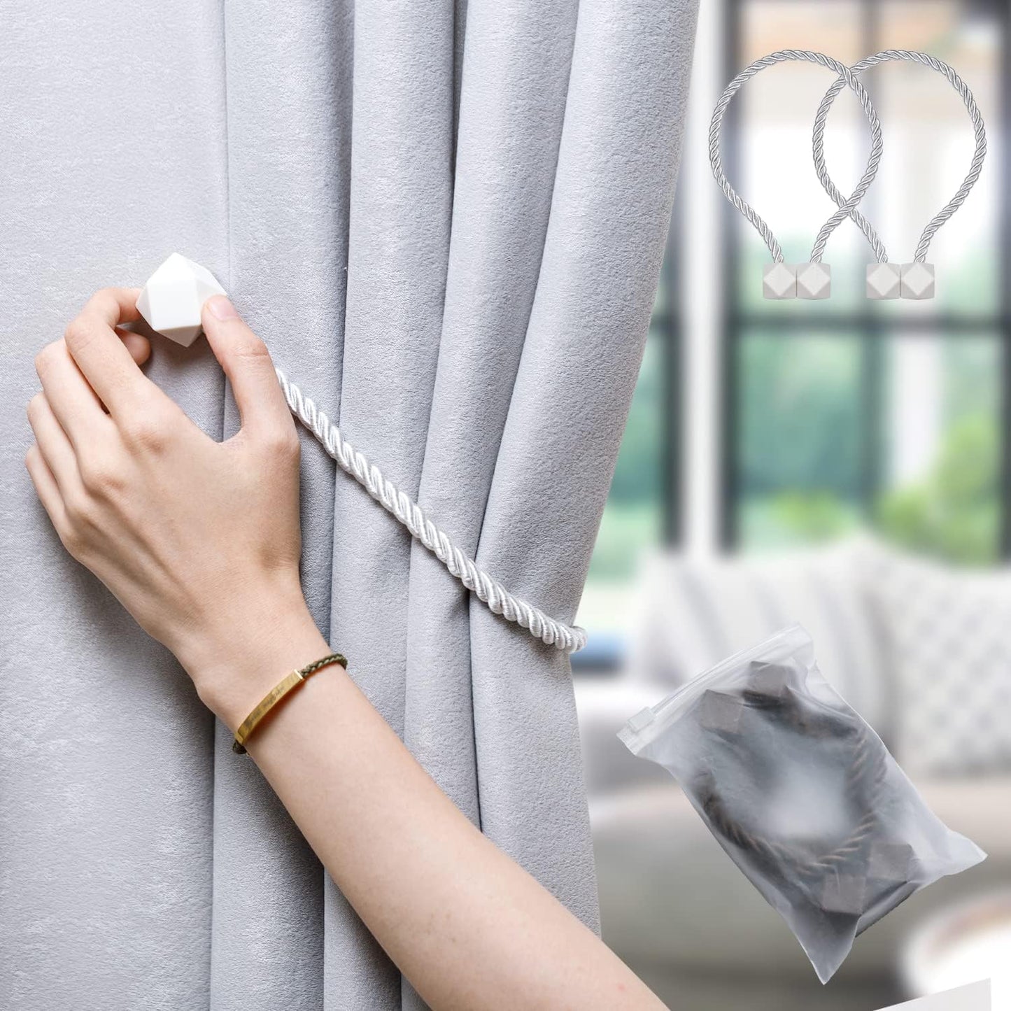 NazTur Magnetic Curtain Tiebacks- Upgrade 2022 with a Thicker Twist Rope & Strong Magnet Tieback Window Treatment Holdbacks Draperies Holders Decorative Drape Handmade Tie Back (Black, 2)