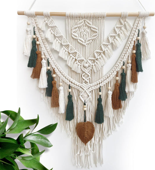 Lokeisna Macrame Wall Hanging, Woven Tapestry Beige & Dusty Rose Handmade Craft Macrame Wall Decor, Gallery & Nursery, Size 37.4” Lx27.5” W