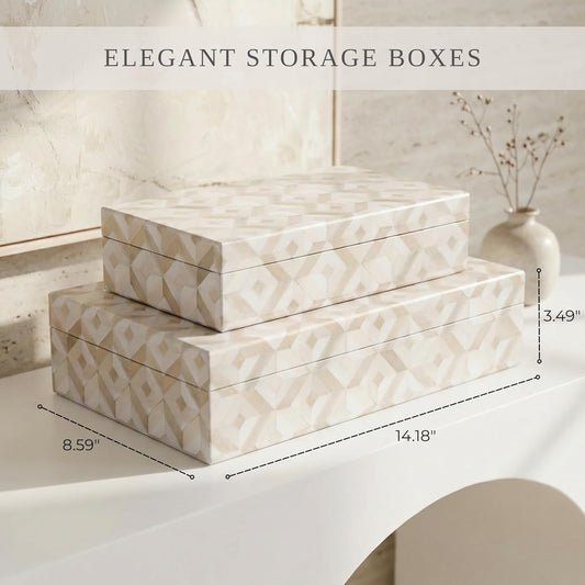 ZICOTO Decorative Storage Boxes with Lids - Set of 2 Beautiful Organizer Bins for Your Bookshelf Home Decor - Safely Store Photos, Documents and Memory Box Keepsakes on Your Shelves in Style