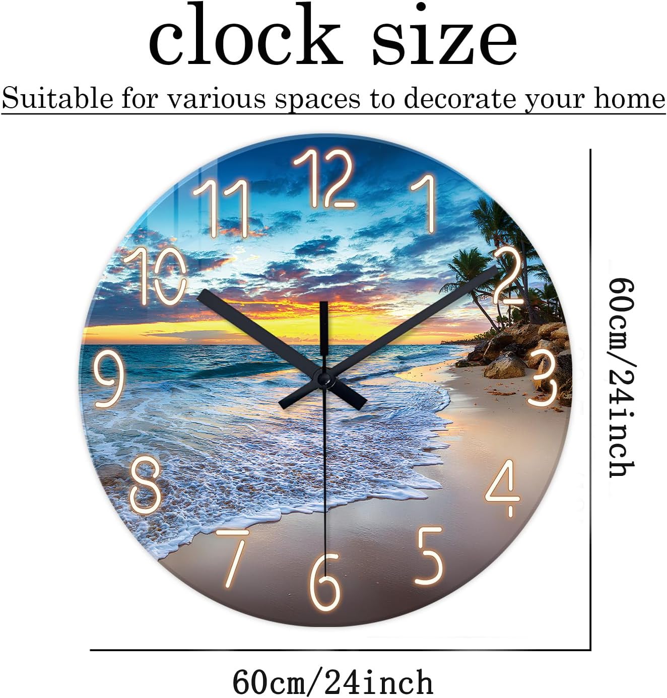 Beach Wall Clock Battery Operated 12 Inch Glass Wall Clock Non Ticking Analog Blue Wall Clocks for Bedroom Living Room Office Decor