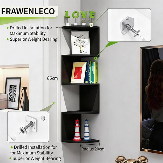 No-Drill Corner Shelf Wall Mount, 5-Tier Floating Corner Bookshelf with Hooks, Space-Saving Zigzag Plant Shelf for Bedroom, Living Room, Bathroom, Home Office