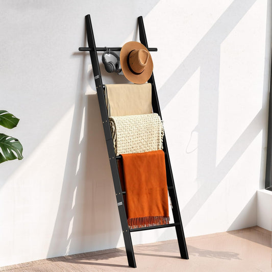 Farmhouse Wooden Blanket Ladder with Removable Hooks, 6-Tier Rustic Blanket Rack Decorative Stand, Leaning Towel Quilt Rack Holder for Bathroom Living Room Decor Brown
