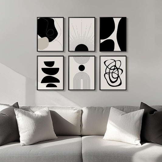 Framed Boho Black and White Brown Modern Abstract Wall Art for Living Room, Set of 6 Bohemian Wall Hanging Artwork, Minimalist Sun Geometric Pictures for Bedroom Office Bathroom Wall Decor 11x14 Inch