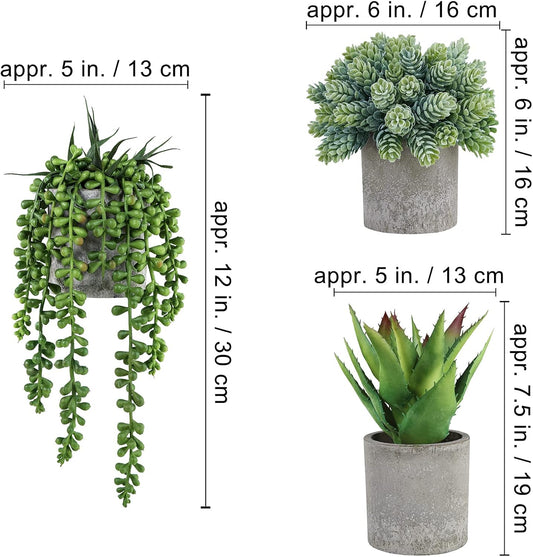 Winlyn Set of 3 Mini Potted Succulents Artificial String of Pearls Aloe Hops Succulent Plants in Gray Pots for Gifts Table Shelves Windowsill Office Desk Indoor Greenery Decorations Wedding Favors