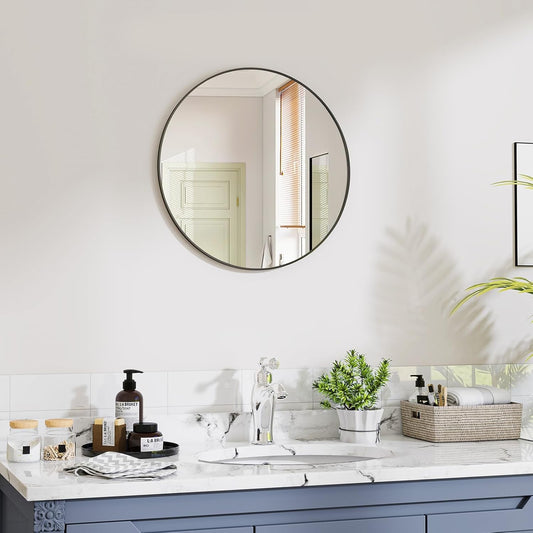VooBang Large Black Round Bathroom Mirror, 48 inch Circle Wall Mounted Hanging Mirror with Simple Modern Circular Metal Frame for Hallway, Entryway, Living Room, Black Frame