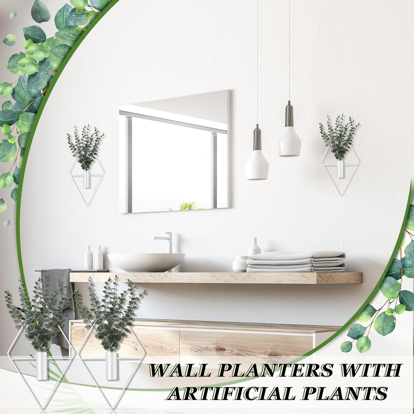 Jexine 4 Pcs Hanging Planters with Artificial Eucalyptus Metal Hanging Vase Indoor Plants Holder Modern Geometric Boho Bathroom Wall Decor for Living Room Home Office(Black)