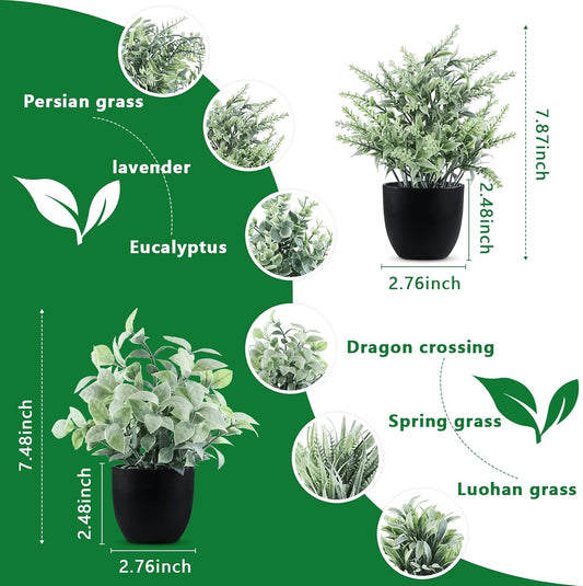 4pcs Fake Small Plants, Artificial Greenery Potted Plant for Home Office Decor, Small Faux Gray Grass Eucalyptus for Bathroom Plants Decoration, Mini Plant Potted Table Shelf Decoration
