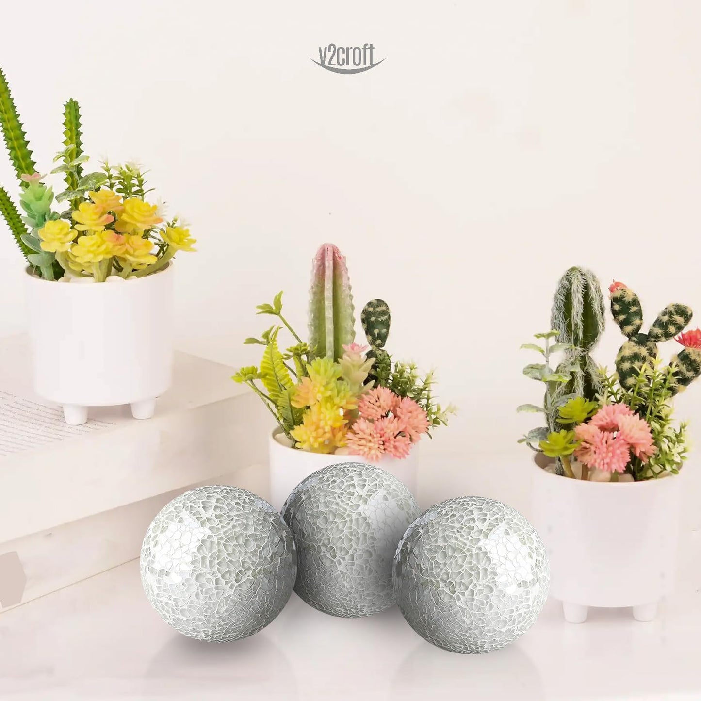 4in Decorative Mosaic Sphere Orbs Set of 3, Glass Balls for Whole Housewares,Wedding/Birthday,Bowls,Vases Dining Table Centerpieces(Silver,Black,Blue)