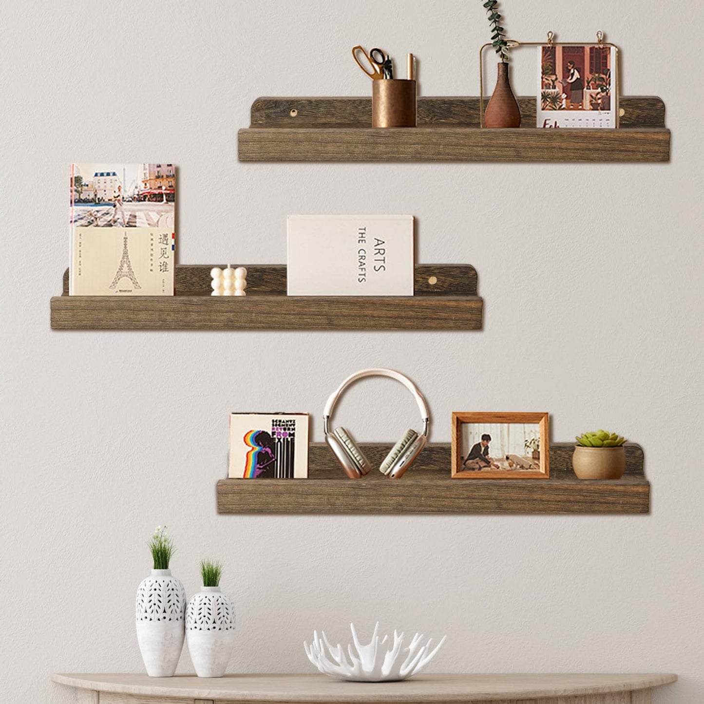 Floating Shelves Set of 3, 16.5 Inch Wood Picture Ledge Shelves for Wall Mounted Display in Bedroom, Living Room, Kitchen(Brown)