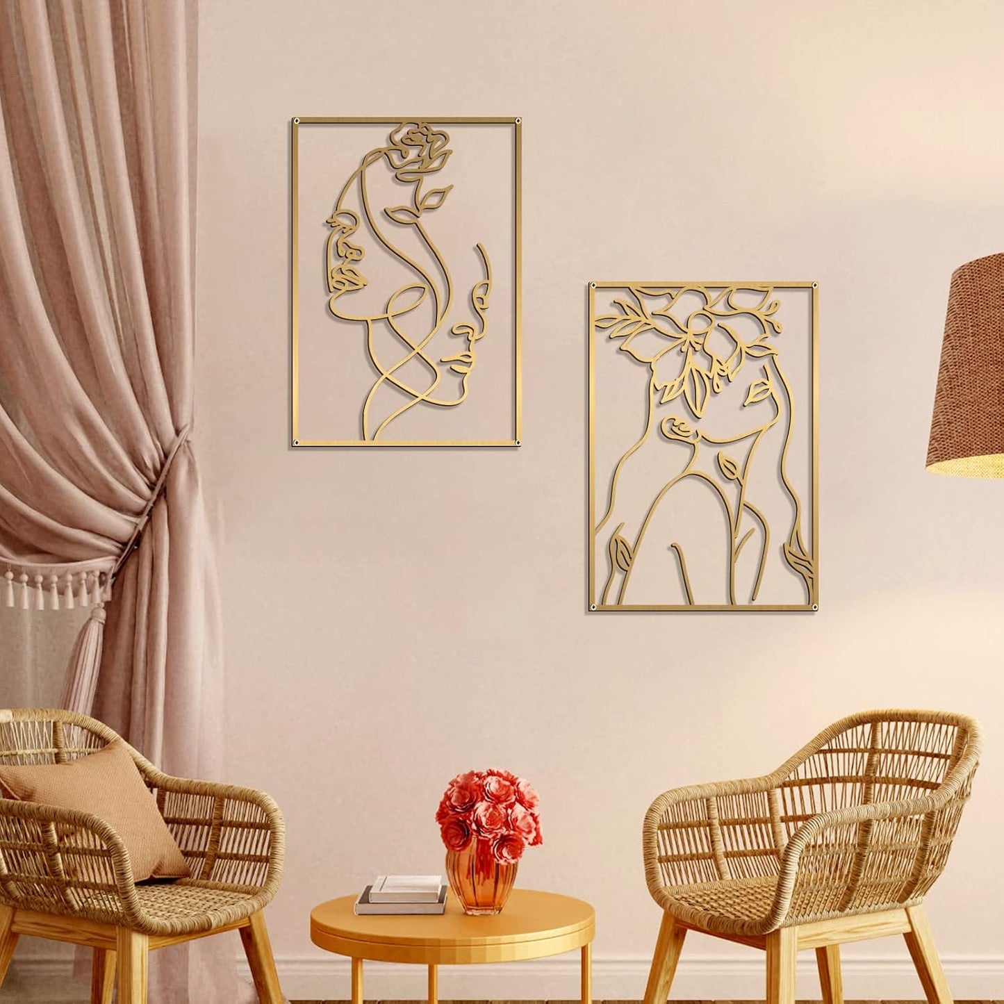 Glamativity 4 Pack Gold Wall Art Decor, Minimalist Single Line Real Metal Wall Art, Woman's Body Shape Abstract Wall Art (Gold Classic Style, 17 x 11.8'')