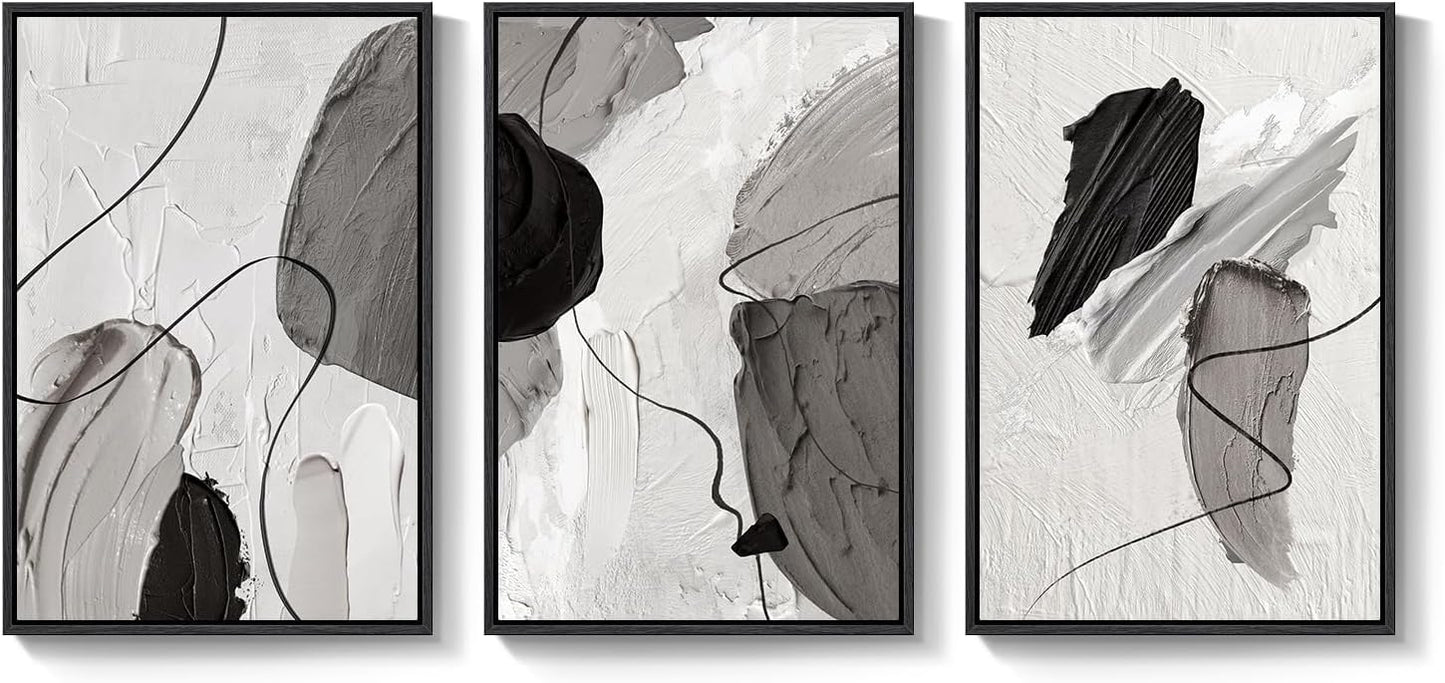 Large Framed Black and White Abstract Wall Art for Living Room, 3 Piece Big Modern Canvas Prints Paintings Artwork for Walls, Minimalist Abstract Art Pictures for Hallway, Office Wall Decor 24x36 In