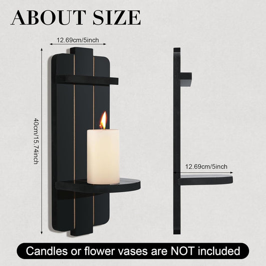 Rustic Candle Holder Set of 2 – Vintage Black Wooden Wall Sconces for Fireplace, Bedroom & Living Room – Farmhouse Wall Decor with Candle Shelf for Home, Aisle, Hallway