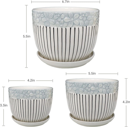 Ton Sin Grey Flower Pots, Texture Planter for Indoor Plants Set of 3 Ceramic Flower Pots with Saucer, Cute Garden Pots Succulent Pots, 6.75/5.6/4.2 Inch, Indoor Outdoor Home Garden Decor