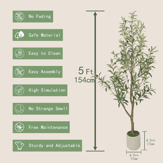Faux Olive Tree, 5FT Artificial Olive Trees with Lifelike Olive Branches and Fruits, Fake Floor Plants with Pot for Indoor Home Office Living Room Outdoor Decor