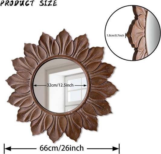 Sunflower Sunburst Wall Mirror, 22" Distressed Gold Wooden Frame, Handcrafted Petal Floral Design, Vintage Farmhouse Style Mirror for Wall Decor for Living Room, Bedroom, Bathroom, Vanity