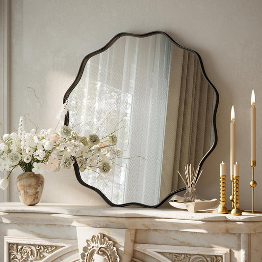 VooBang Black Scalloped Large Circle Mirror, 42" Wavy Edge Round Wall Mirror with Tempered Glass Textured Circular Metal Deep Frame, Hanging Leaning for Bathroom, Hallway, Entryway, Livng Room