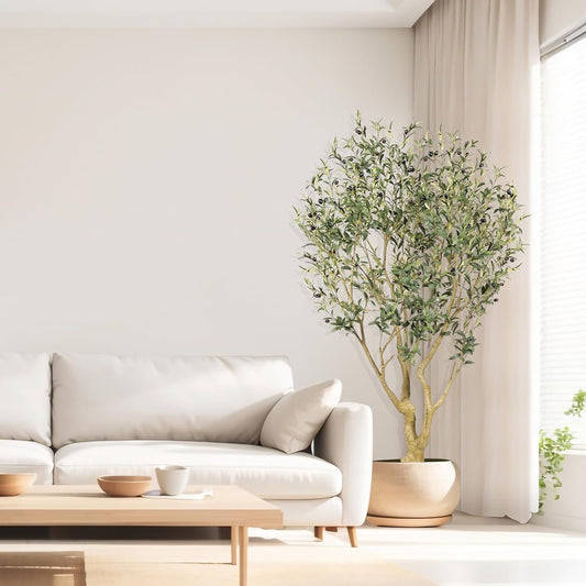 Realead Artificial Olive Tree 8ft - Large Faux Olive Tree with Realistic Leaves and Olives - Full and Grand Design Fake Olive Tree with Sturdy Base for Indoor Outdoor Office Decor