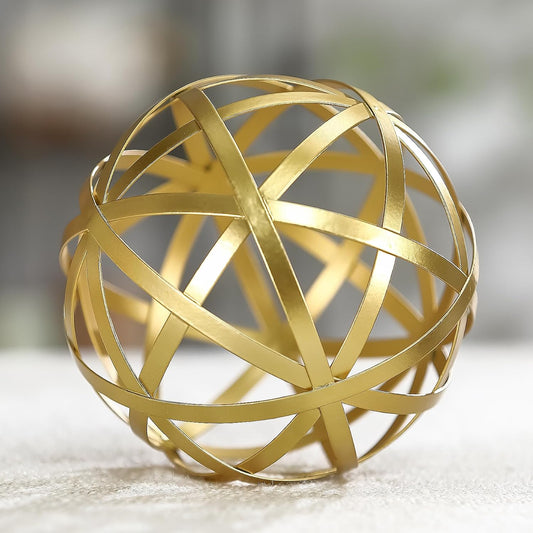 Metal Decorative Starburst Ball, 6 Inch Gold Sphere Decor, Spiky Star Burst Tabletop Sculpture, Mid-Century Modern Metal Spike Ball for Home, Living Room, Office & Shelf Decor