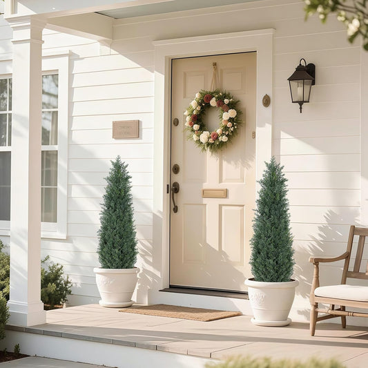 Artificial Cedar Topiary Trees, 5FT UV Resistant Topiary Trees Artificial Outdoors, Realistic Pre-Potted Faux Cypress Plants for Outdoor Porch, Home Entryway, and Garden Decor, Set of 2