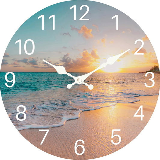 Sea Beach Blue Sky Sand 8 Inch Small Wooden Wall Clock - Silent Non-Ticking Battery Operated Decorative Clock for Kitchen, Home, Bedroom, and Office