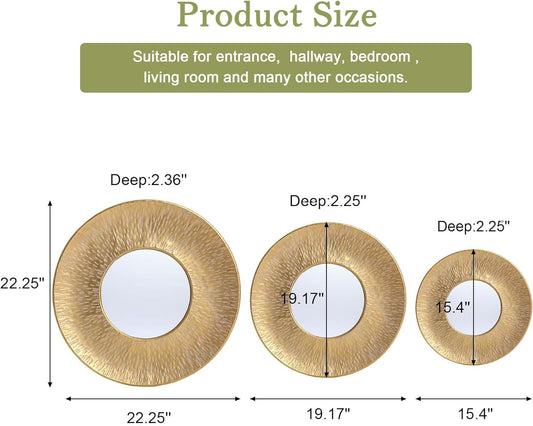 LuxenHome 3 Piece Gold Metal Round Wall Mirror Set Boho Wall Hanging Mounted Mirror,Rattan Mirror Suitable for Farmhouse, Living Room, Bedroom and Bathroom
