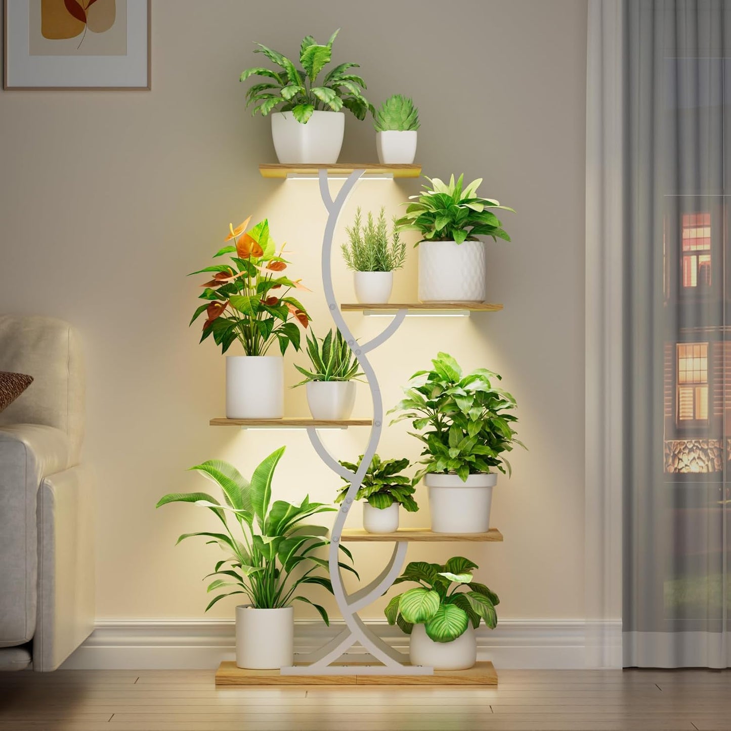 Plant Stand Indoor with Grow Lights - 44" Tall Corner Plant Stands for Indoor Plants, 5 Tiered Metal Plant Shelf, Curved Plant Flower Holder Dispaly Rack for Living Room, Home Patio Balcony (Black)