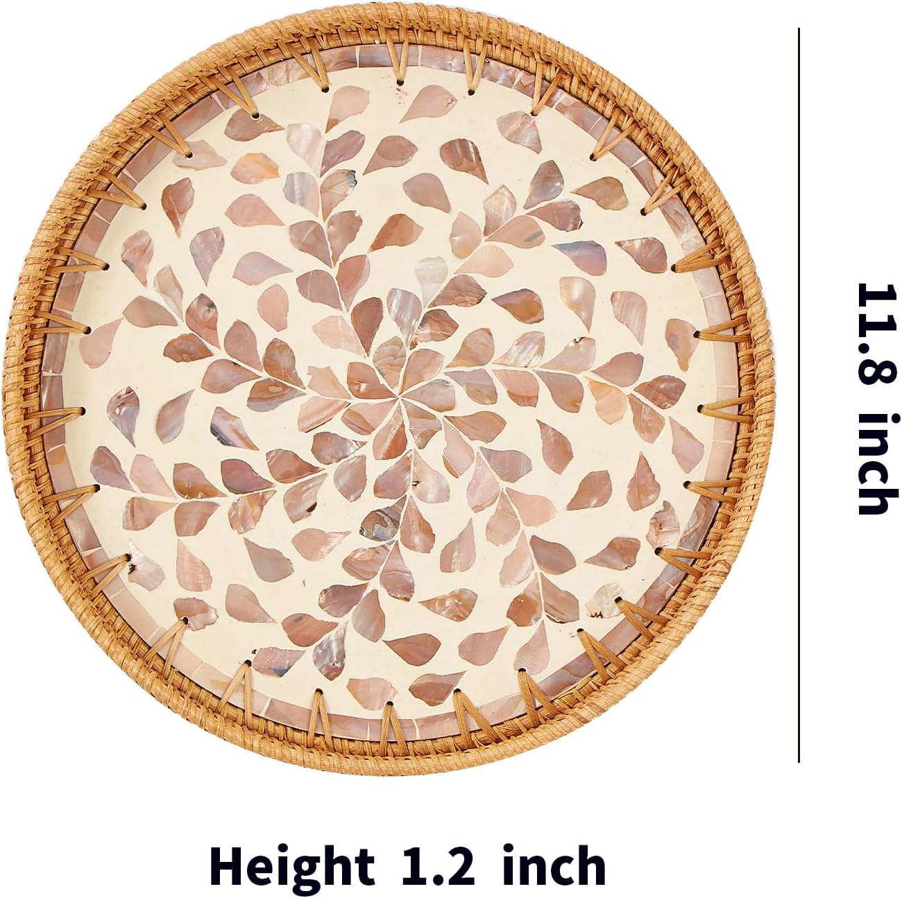 Round Rattan Tray with Mother of Pearl Inlay, Rattan Serving Tray with Wooden Base, Decorative Wicker Basket for Table Decor, Storage and Display of Coffee Bread Food Fruit (Leaf)
