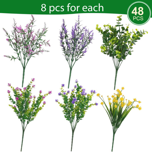 Hananona 12 Pcs Artificial Flowers Outdoor, Faux Artificial Plants UV Resistant Plastic Flower Bulk for Hanging Planter Porch Window Home Wedding Fall Summer Decor (12, Fuchsia, Purple, Yellow, Green)