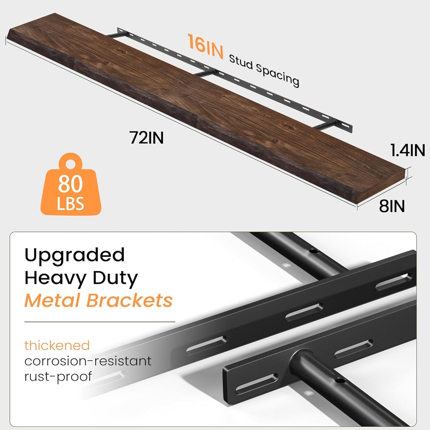 Floating Shelves 36 Inches Long - 8 Inch Deep Rustic Premium Solid Pine Wood for Storage - Farmhouse Wall Mounted for Living Room - Heavy-Duty Metal Bracket - 36" W x 8" D - Set of 2 - White Color