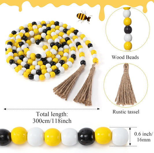 Wooden Bead Garland with Tassels, Fireplace Wood Bead Garlands Rustic Farmhouse Vintage Boho Beads Garland for Party Home Decor Tiered Tray Decorative Beads(Candy Colors,9.8 ft)