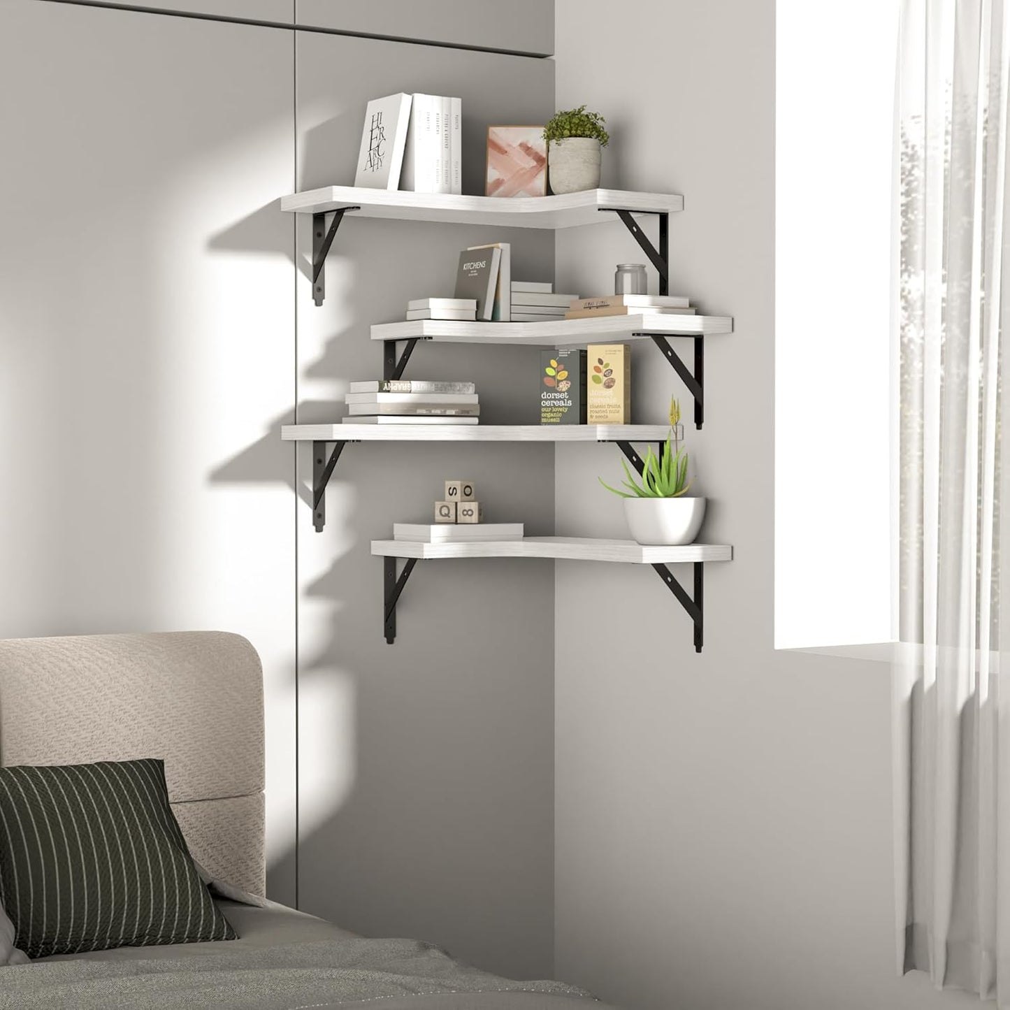 ROMGUAR CRAFT Corner Floating Shelves Wall Mounted Set of 4, Rustic Wood Storage Display Shelves for Home Decor, Bathroom, Kitchen, Bedroom, Living Room, Office (Black)