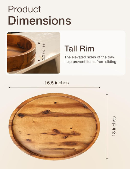 TIDITA Acacia Oval Wooden Serving Tray with Handless - 16.5" x 13" Ottoman Table Oval Wooden Tray - Round Serving Tray - Ottoman Tray for Living Room, Coffee Table Decor, Serving Platter, Walnut color