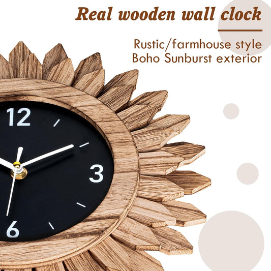 Honiway Wall Clock Battery Operated 12 in Rustic Wood Boho Sunburst Decorative Wall Clock Silent Non Ticking Farmhouse Small Wall Clocks for Living Room Kitchen Bathroom Bedroom Decor (Tricolor)