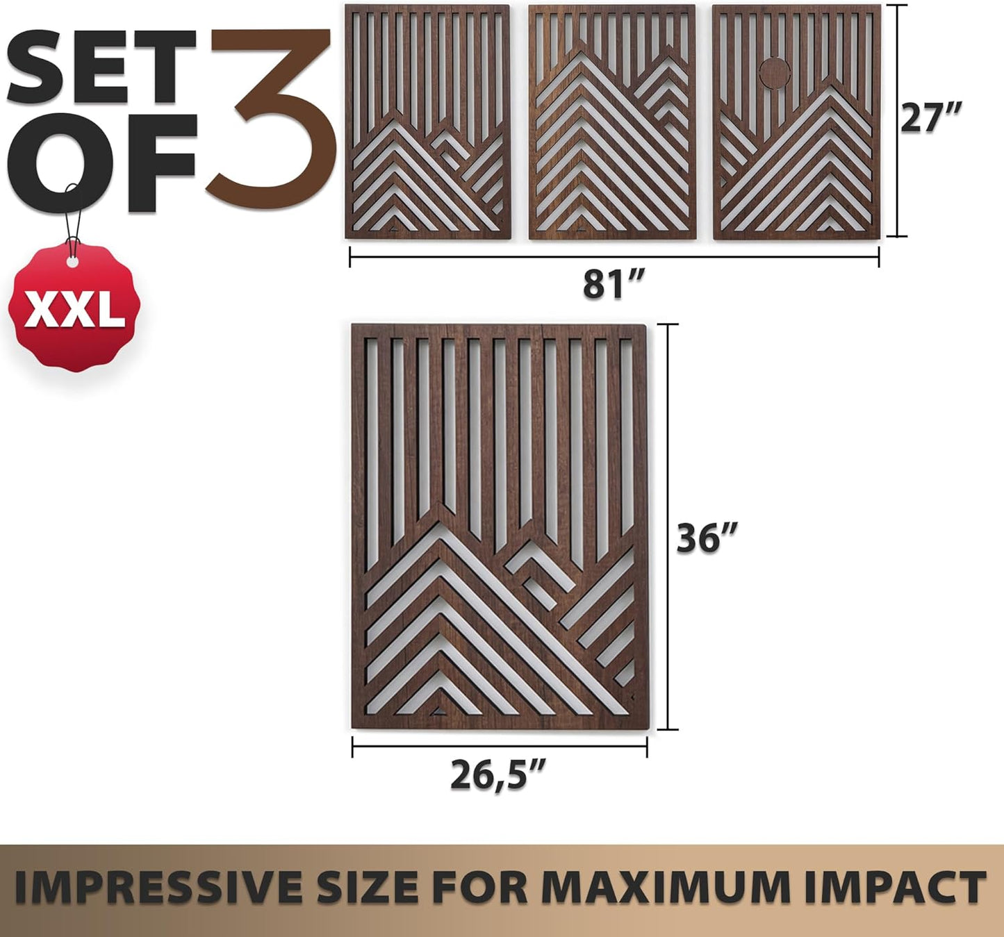 qmmp Modern Wooden Wall Sculptures - Set of 3 - Home Decor Accent - Large Wall Art for Living Room, Bedroom, Office - Easy Installation (Oak, Medium - Mountain and Sun)
