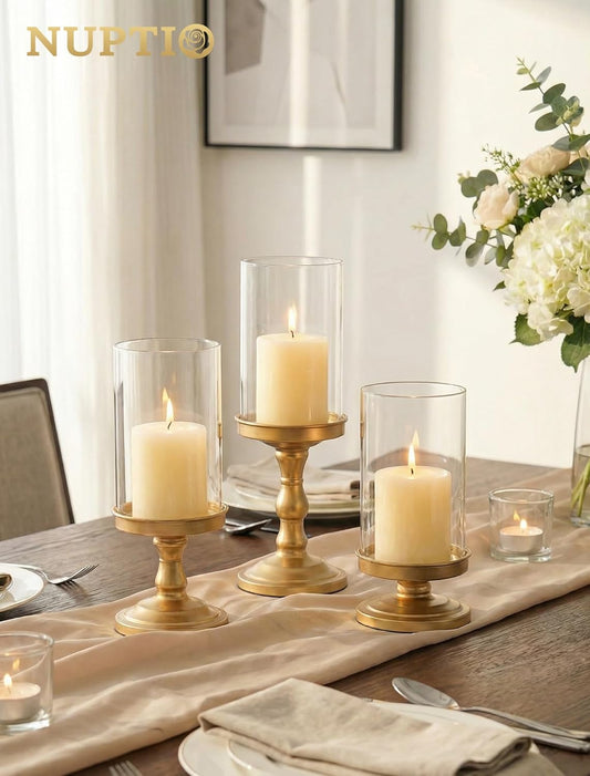 NUPTIO Hurricane Glass Candle Holders: Pillar Candle Stand with Open Ended Chimney - Set of 3 Gold Metal Candleholder for Fireplace Dining Table Centerpiece