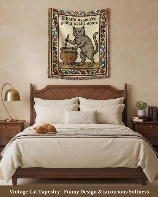 mevious Weird Medieval Cat Woven Tapestry, Vintage Cat Themed Woven Sofa Blanket, Wall Hanging Art Handicrafts, Soft and Cozy Multipurpose Blanket, With Fringe Tassels, Home Decor for Cats Lovers