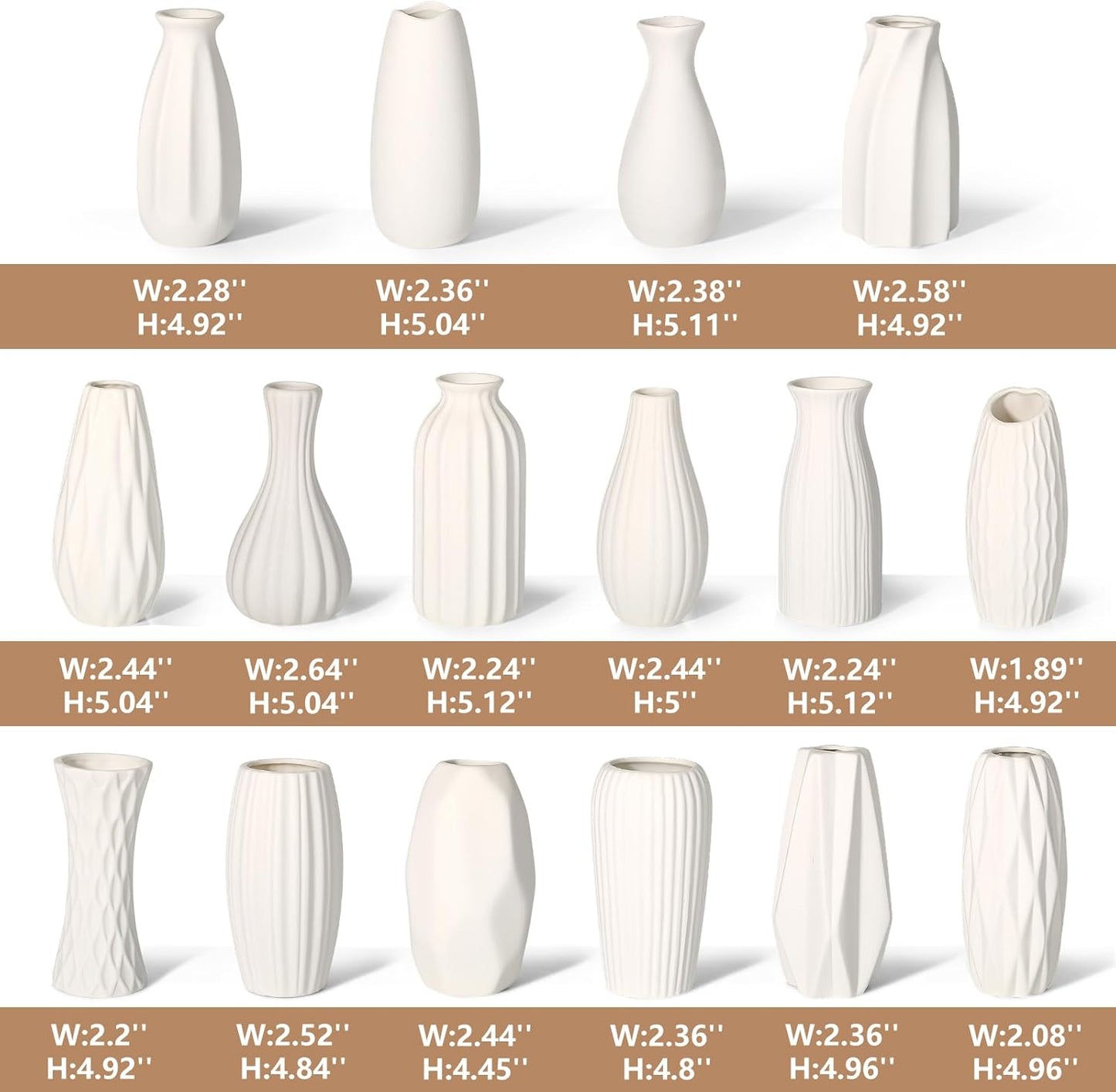 BEAHOT Ceramic Bud Vases Set of 12 - Matte Mini White Jars Bulk | Small White Ceramic Vases for Centerpieces, Wedding Floral Arrangements, DIY Crafts & Boho Table Decor (No Repeating Designs)