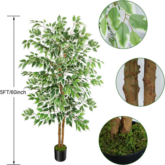 GTIDEA 6ft Artificial Tree Ficus, Tall Faux Trees Indoor with Natural Trunk and Fake Silk Tree Fake Plants for Home Spring Decor Living Room Outdoor Balcony House Office (Included Dried Moss)