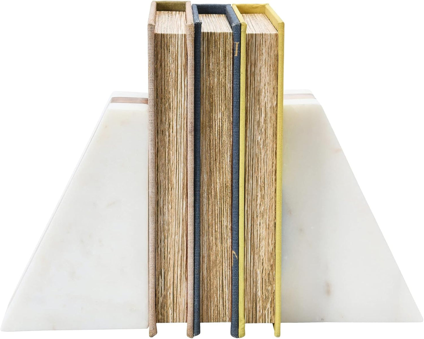 Main + Mesa Marble Geometric Bookends with Wood Inlay, White