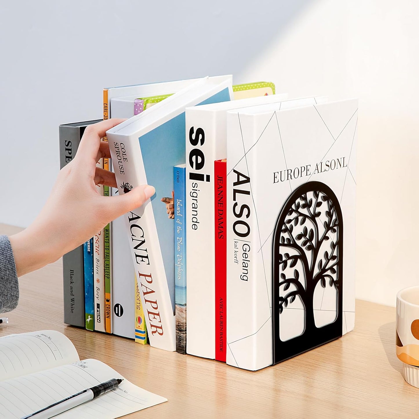 HappyHapi Book Ends, Metal Bookends for Shelves Decorative, Tree Stopper for Heavy Books, Black Ends to Hold Books for Home Office, 6.5 X 4.7 X 3.5 Inch(3 Pairs/6 Pcs, Large)