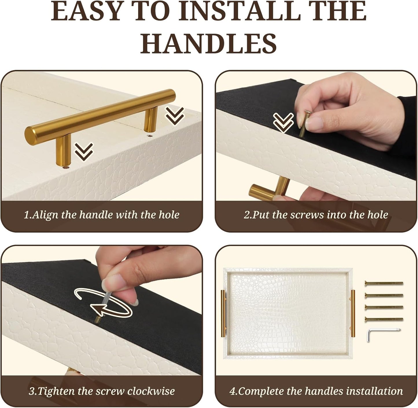 SXNOWS 17"x12" Cream Faux Leather Serving Tray with Gold Handles, Rectangle Decorative Tray for Ottoman, Coffee Table, Kitchen, Bar, Gift for Home Decor