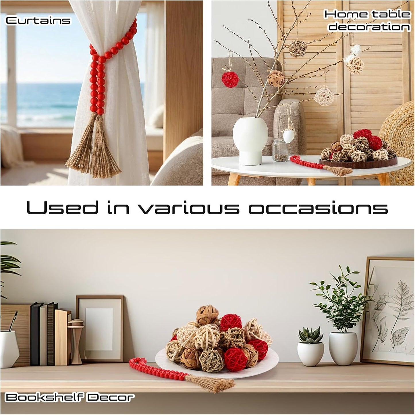 Halloscume 31 Pcs Wicker Rattan Decorative Balls with 30.3 Inch Wood Bead Garland Centerpiece Bowls Orbs Vase Fillers Wall Hanging Decor for Summer Home Farmhouse Wedding Party(Black)