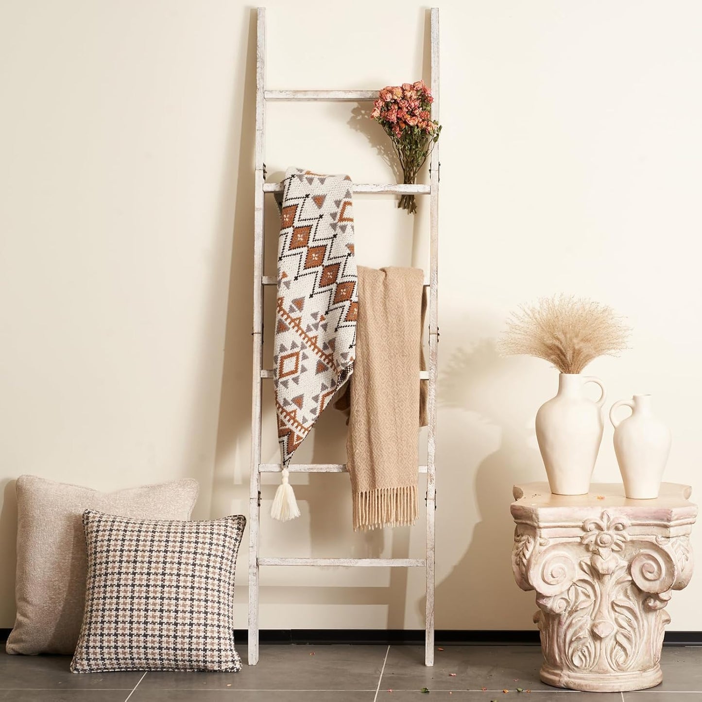 Blanket Ladder for the Living Room 6-Tier, Wooden Decorative Quilt Holder for Bed room, Wall-Leaning Towel Rack for Bathroom,Rustic Farmhouse Ladders for Display. (Dark Brown)