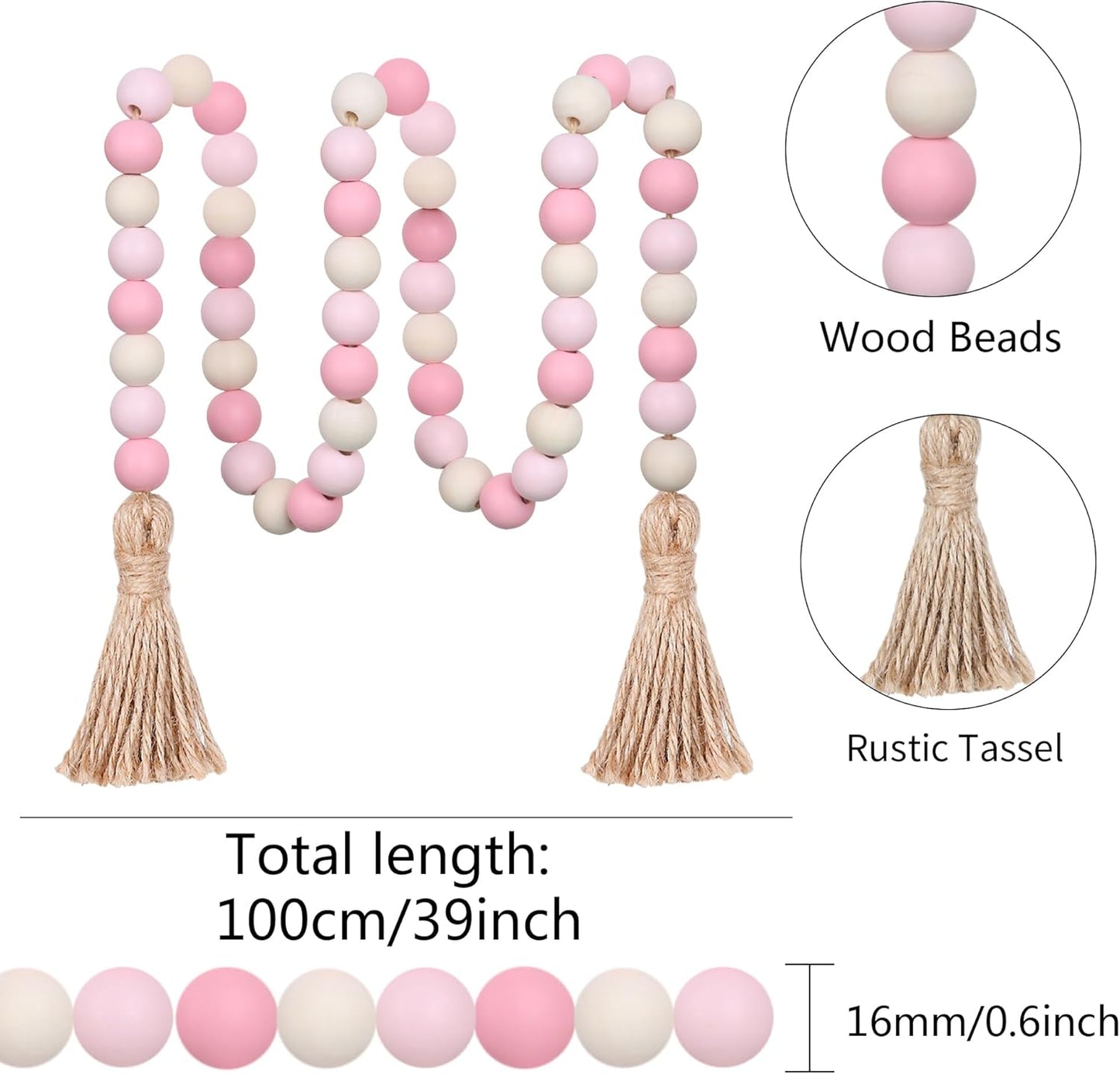 Meplait Wood Bead Garland, 39in Farmhouse Beads with Tassels for Tiered Tray Decor