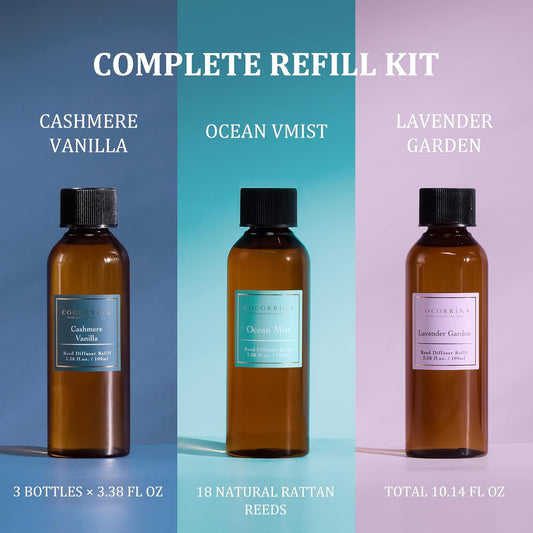 COCORRÍNA Reed Diffuser Set, 10.2oz Scented Oil Refill 3 Pack, Cashmere Vanilla, Ocean Mist, Lavender Garden, Long Lasting Oil Diffuser Refill with 18 Sticks for Bathroom & Bedroom