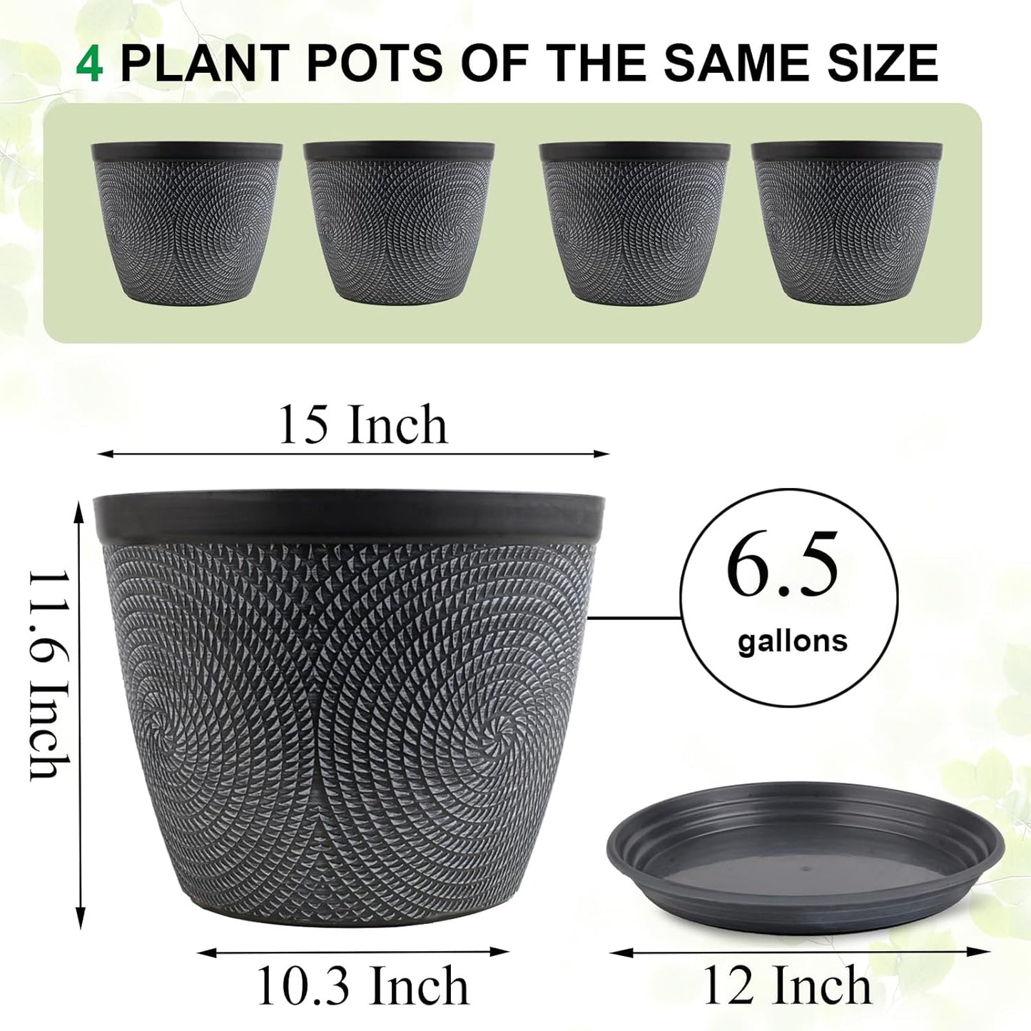 Quarut 10 Inch Flower Pots Planters for Outdoor Indoor, 3 Pack Plastic Plant Pots with Drainage Hole & Tray, Modern Decorative Garden Pot with Saucer, planters for House (Gray)